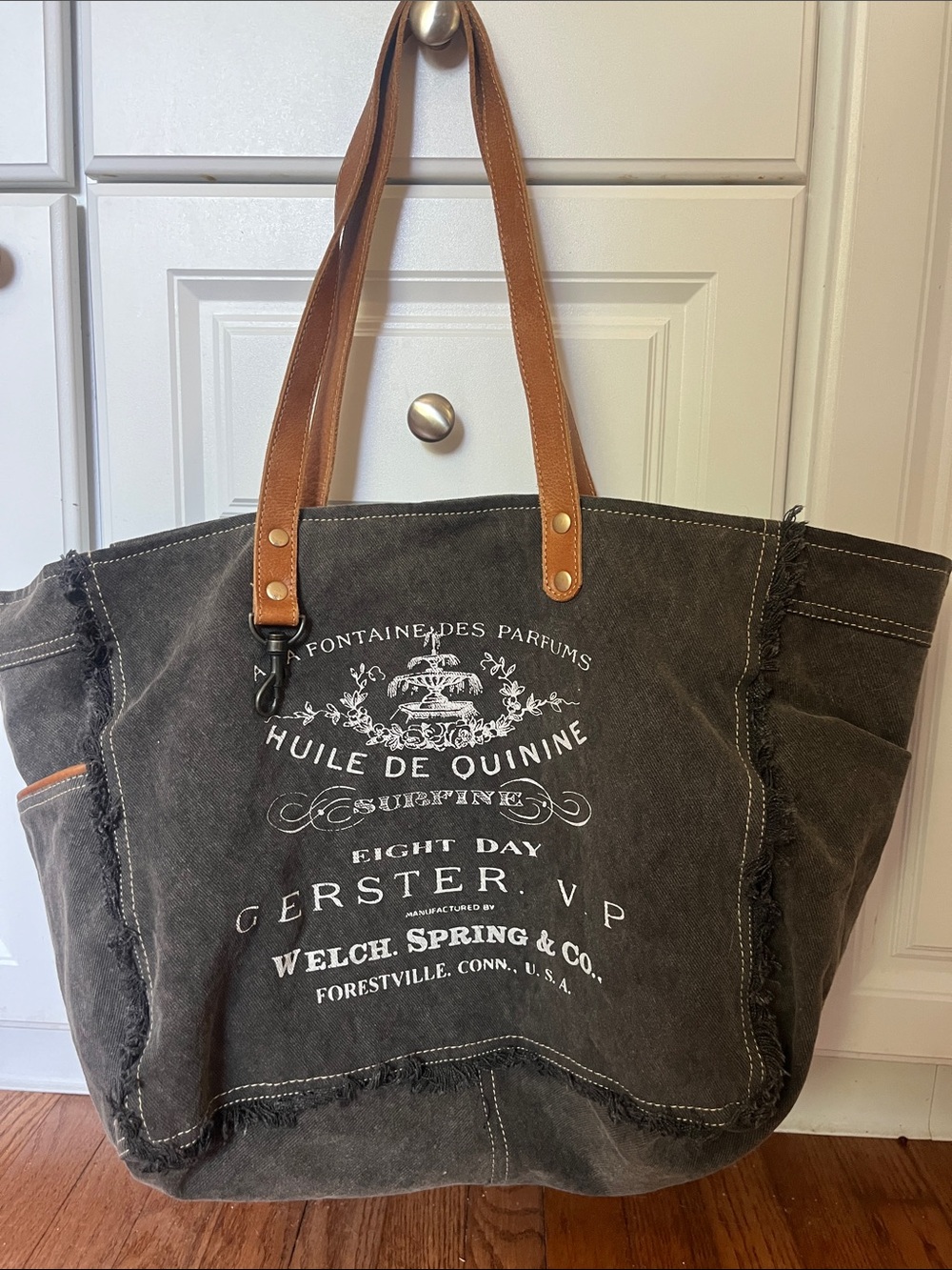 Myra Bag Welch Spring & Co. Large Canvas Tote with Brown Leather Straps